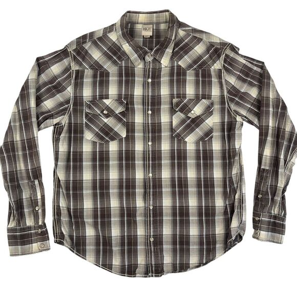 BKE Contour Shirt Mens XL‎ Pearl Snap Western Brown Beige Plaid Long Sleeve - Picture 1 of 12